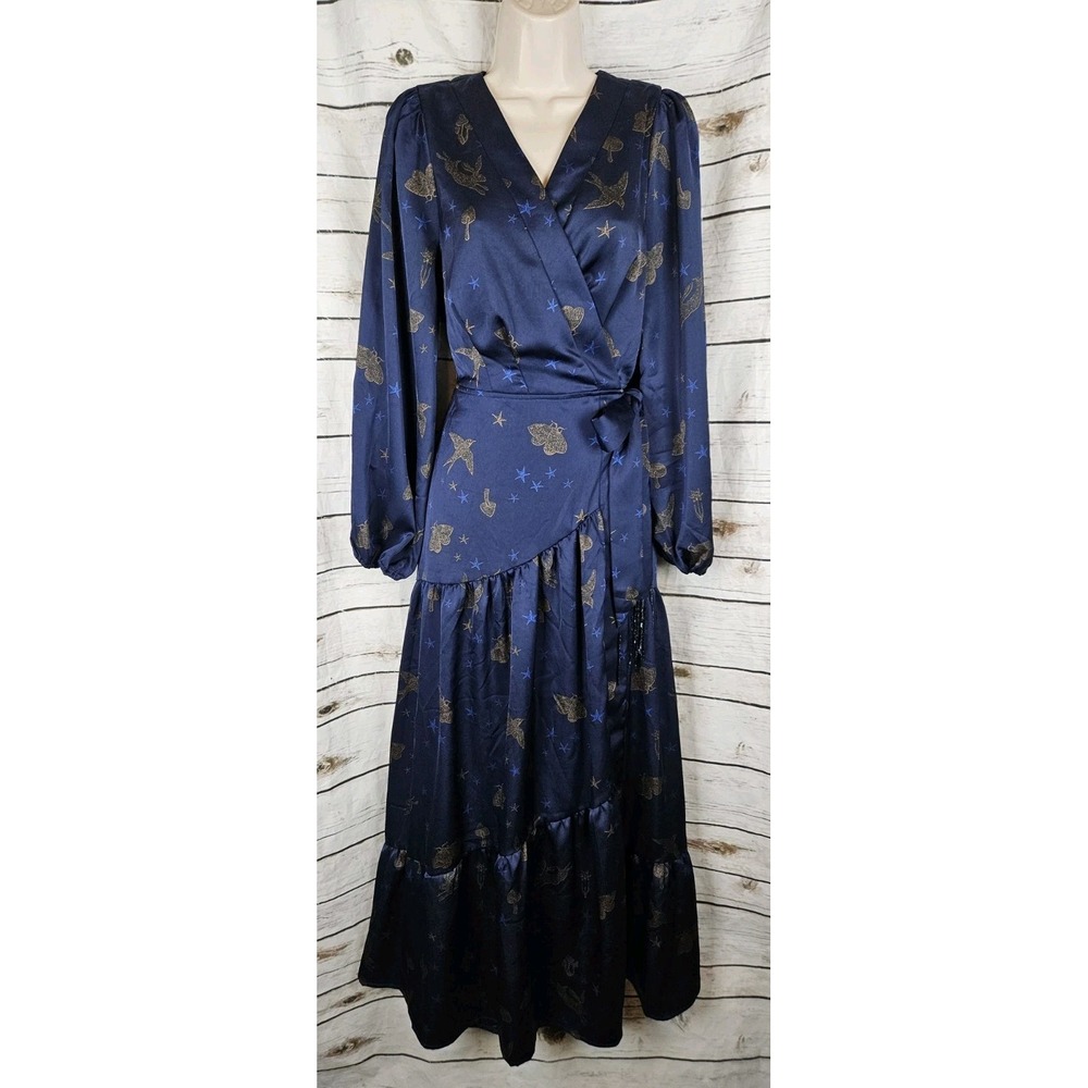 Ciebon Navy Bronze Birds Forest Print Wrap Dress M Midi Ruffle Boho Balloon Slv